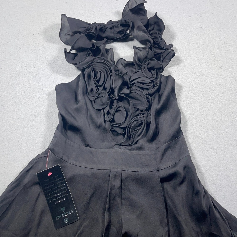 Bebe Rosette Ruffle Halter Dress Women Small Fit Flare‎ Black Jean And Jane NWT - Picture 3 of 12